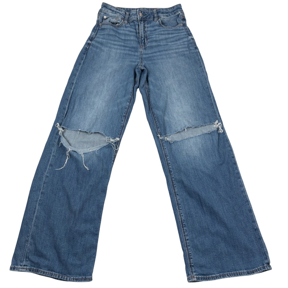 American Eagle Baggy Wide Leg Jeans Womens 0 Blue Distressed Y2K Boho Streetwear